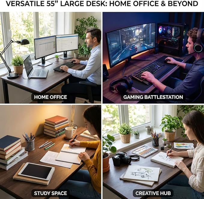 GL GLOBAL LIFE 55 inch Large Computer Desk Wood, Modern Simple Style Desk for Home Office, Bedroom, Study Student Writing Desk, Small Spaces, Black Metal Frame, Walnut Top