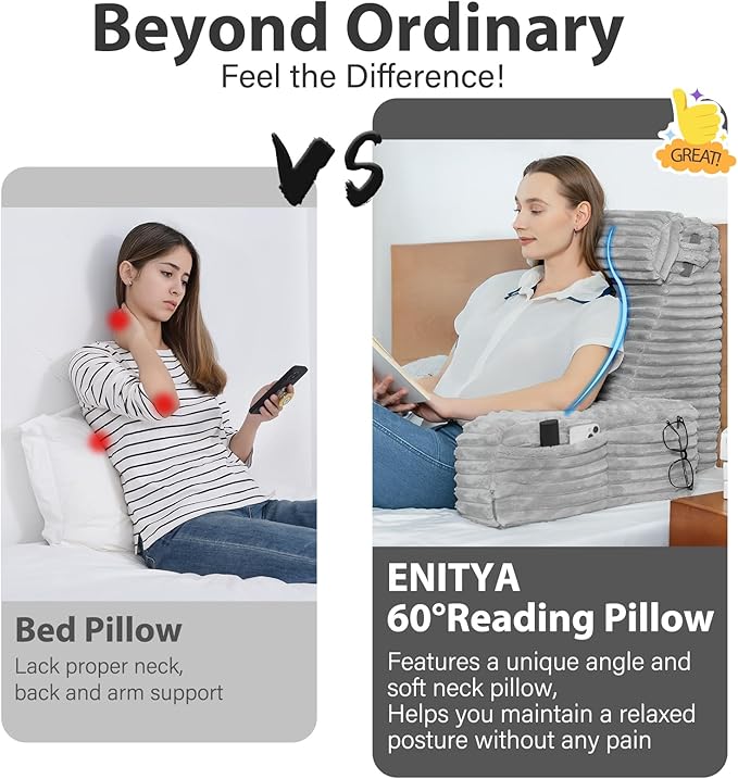 ENITYA Back Pillow for Bed Sitting up, Reading Pillow for Sitting in Bed Adult, Back Support Chair Pillow for Sitting up Reading/Resting/Post Surgery/Watching TV/Gaming,Light Grey