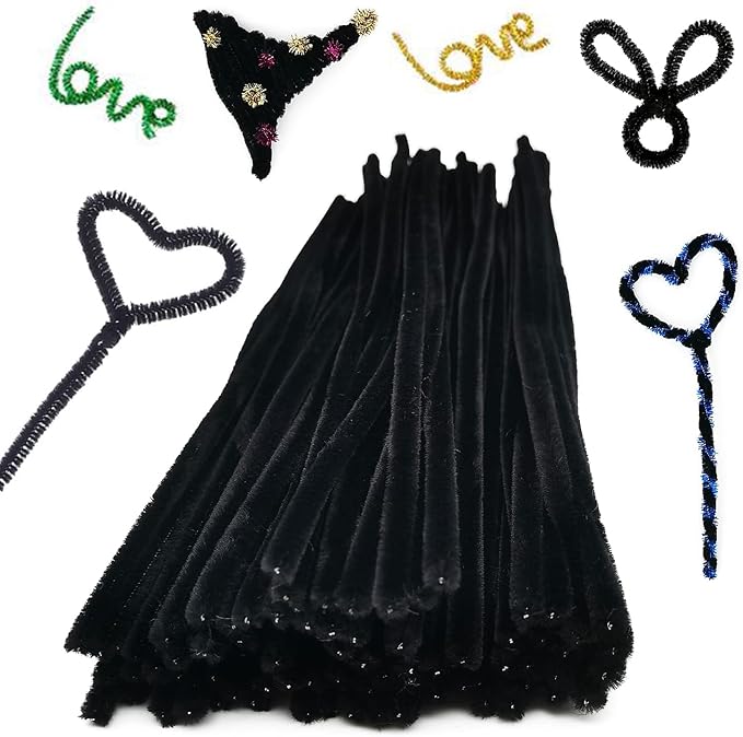 Cldamecy 100 pcs Black Pipe Cleaners with 20 pcs Googly Eyes,Chenille Stems for Craft Project,Craft Pipe Cleaners for DIY Projects,Arts and Holiday Decoration