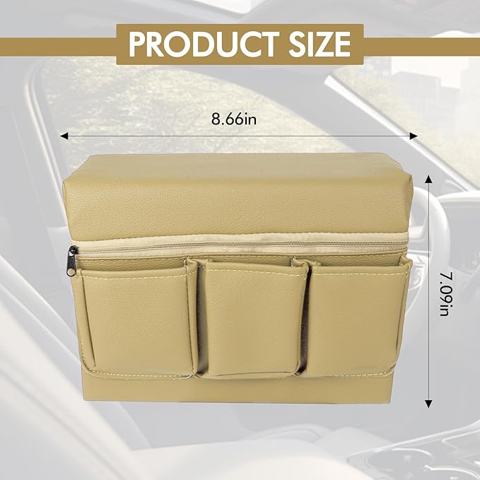 wuyaoyao Car Window Armrest Storage Box, Leather Automotive Door Side Storage Bag & Elbow Rest Pad, Multifunctional Vehicle Door Arm Rest Pad with Pockets, Universal Interior Car Accessories (Beige)