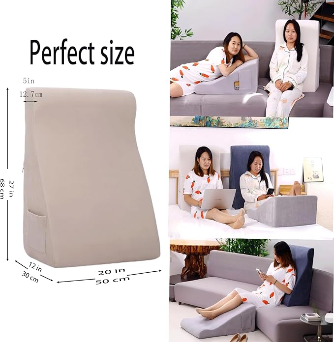 Bed Reading Pillow - Sofa Bed Wedge Pillow - Post-Op Recovery Backrest Pillow - Working Lumbar Support Reading Pillow with Removable Pillowcase Beige 27x20x12in