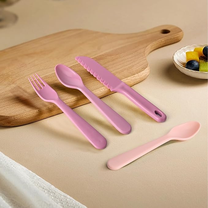 16Pcs Kids Plastic Utensils Kids Forks and Spoons Set, Multicolor Toddler Utensils, Reusable Kids Silverware Cutlery Set, Ideal for School Lunch Box, Camping, Travel, Party Favors BPA Free