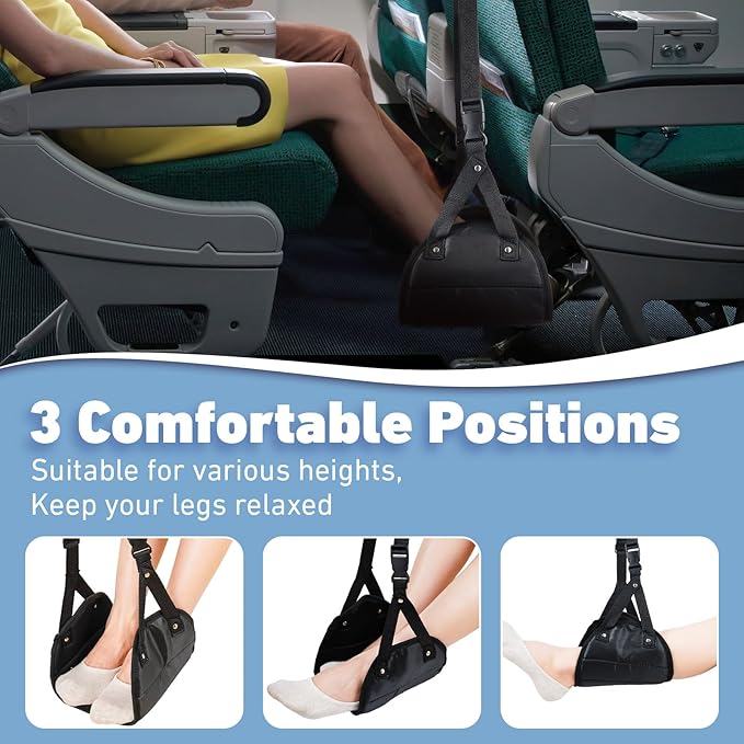 FACULX 2 Pack Airplane Foot Hammock, Footrest Hammock with Eye Mask for Plane Travel, Adjustable Airplane Foot Hammock or Office Footrest, Plane Footrest for Long Flight,Airplane Essentials, Black