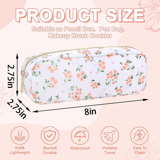 Waterproof Small Floral Pencil Case Makeup Bag for Purse,Cute Flower Pencil Pouch Preppy Nylon Makeup Brush Holder with Zipper,Girls Portable Storage Case Small Pen Bag for Work(Slim White-Flowers)