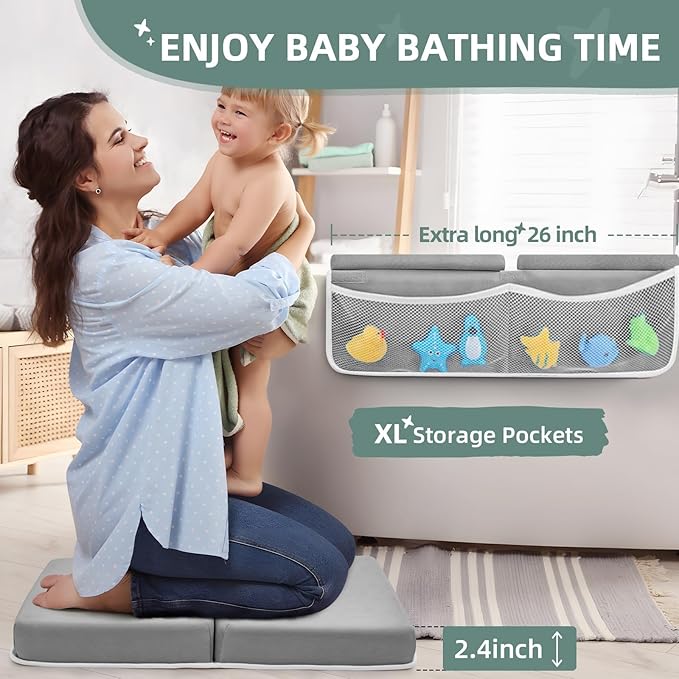 IFNOW Baby Bath Kneeler and Elbow Rest Pad Set - 26'' Extra Long and 2.4'' Thick, Quick Dry Kneeling Pad for Bathing Baby with Knee & Arm Support, Foldable Non-Slip Bathtub Mat with Toys Organizer