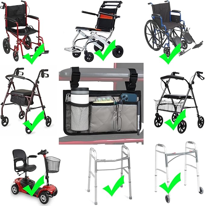 Wheelchair Side Bag, Armrest Storage Pouch with Cup Holder and Reflective Strip for Wheelchairs, Walkers or Rollators (Gray)