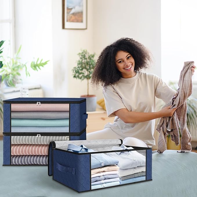 HomeHacks Storage 6-Pack Clothes Organizer Storage Bags Foldable Storage Box with Large Clear Window Sturdy Handles for Closet, Dorm, Pillows, Bedding, Clothes, Blankets, 35L, Blue