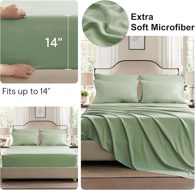 Anluoer Sage Green California King Comforter Set 7 Pieces, Bed in a Bag with Sheets, All Season Bedding Sets with 1 Comforter, 2 Pillow Shams, 2 Pillowcases, 1 Flat Sheet, 1 Fitted Sheet