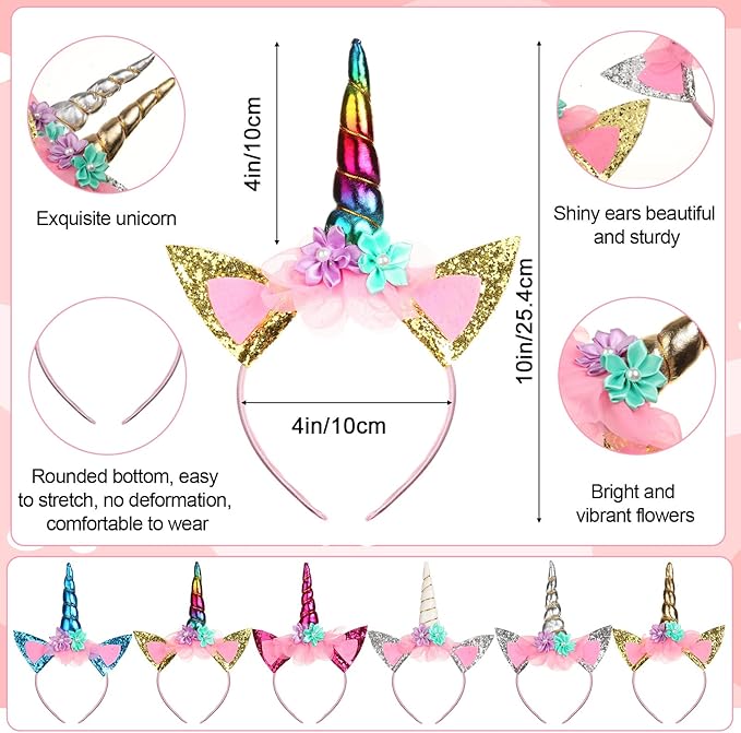 Jexine 18 Piece Unicorn Party Favors Include 9 Unicorn Headbands and 9 Unicorn Rainbow Beaded Bracelets Unicorn Horn Flower Headband for Girls Teen Birthday Back to School Gifts
