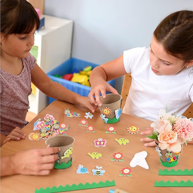 Ayfjovs Garden Paper Pot Craft Kit 55 Pack Flower Plant Spring Craft for Kids with 200 PCS Adhesive Foam Stickers and 55 PCS Plastic Plant Labels for Kids Garden, DIY and Early Education
