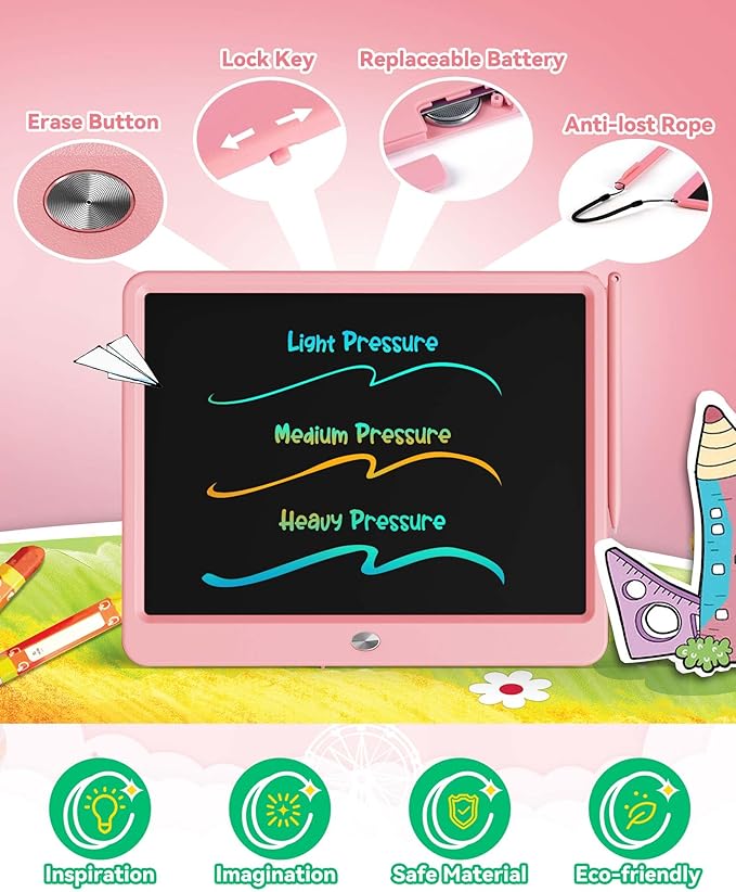KOKODI 15 Inch LCD Writing Tablet with Anti-Lost Stylus, Erasable Doodle Board Colorful Toddler Drawing Pad, Car Travel School Games Toys for 3 4 5 6 7 8 Kids, Birthday Gift for Girls Boys Pink