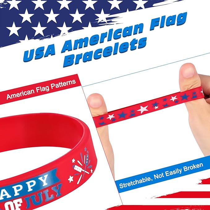 Genuvi 4th of July Patriotic Rubber Bracelets USA American Flag Wristbands Red White and Blue Silicone Bracelet for Independence Day Party Favors for Kids Teens School Classroom Prizes Gifts 30 PCS