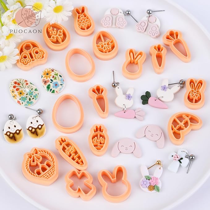 Puocaon Easter Clay Cutters, 30 Pcs Polymer Clay Cutters for Jewelry, Basic Rabbit Egg Carrot Clay Earring Cutters, Mirrored Bunny Chicken Clay Cutters for Earrings, Egg Basket Clay Jewelry Cutters
