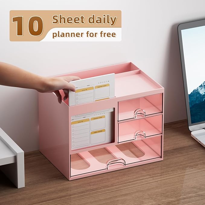 Marbrasse Desk Organizer with 3 Drawer, Multi-Functional Pencil Pen Holder for Desk, Desk Organizers and Accessories with 4 Compartments, Desktop Organizer Storage for Office Home Art Supplies (Pink)