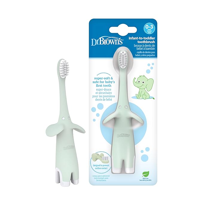Dr. Brown's Infant-to-Toddler Toothbrush, Soft and Safe Baby Training Brush, Elephant, Mint, 0-3 years (Styles May Vary)
