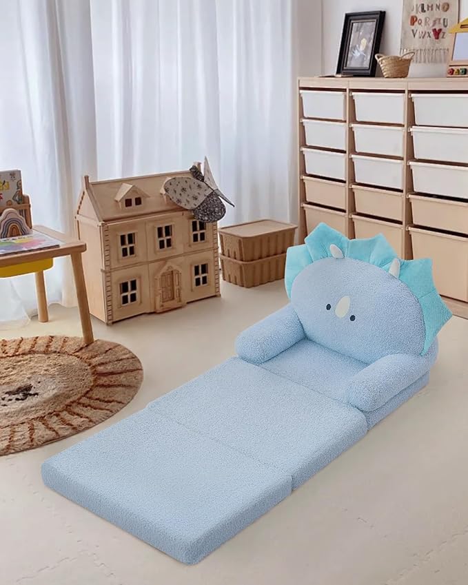 MOONBEEKI Comfy Toddler Chair, Kids Couch Fold Out to Lounger, Foldable Baby Sofa Plush for Girl and Boy Age 18 Months and Up （Blue Triceratops）