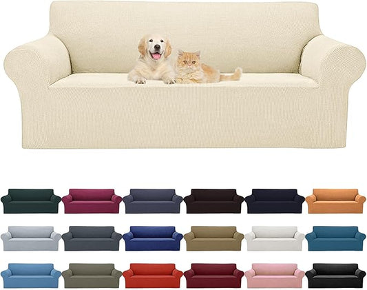 2025 New Stretch Sofa Slipcovers Couch Cover for 3 Cushion Furniture Protector Sofa Covers with Elastic Bottom Jacquard Fabric Small Checks for Pets, Kids -Sofa, Beige