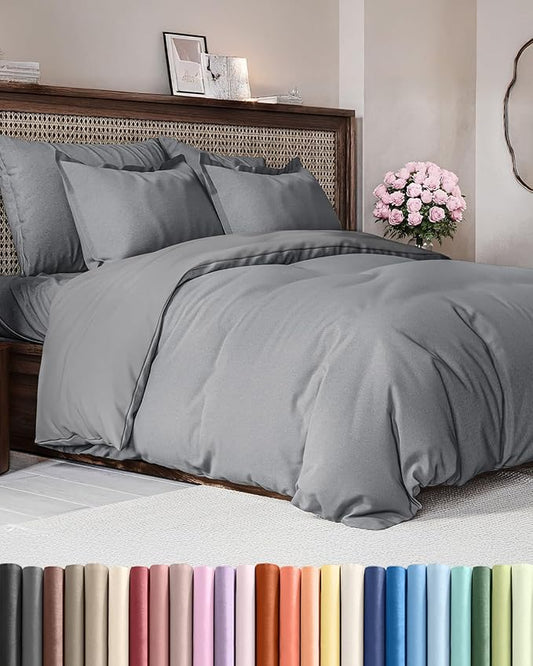 CGK Unlimited Duvet Cover Queen Size Set - Extra Soft Queen Size Duvet Cover 90 x 90 with 2 Pillow Shams - Hotel Quality w/Zipper Closures & Ties - Bedding and Bed Linens Set (Heathered Grey)