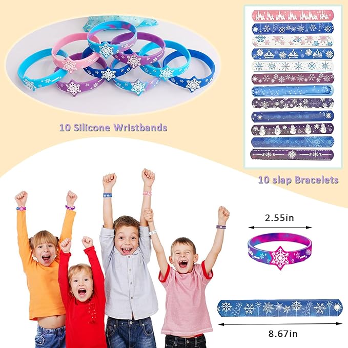 132Pcs Snowflake Party Favors Set Birthday Party Supplies Include 12 Bracelets, 10 Keychain, 10 snowflake squishies,10 wristbands,10 Hair accessories,10 straws,10 Bubble,50 Stickers and 10 Gift bags