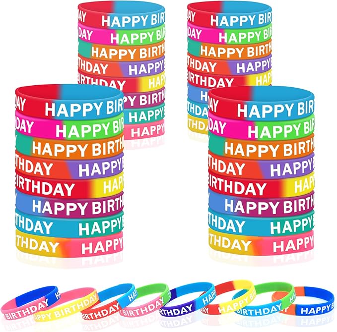 48 Pieces Rubber Bracelets for Happy Birthday Gift Silicone Stretch Wristbands Colored Silicone Bracelets for Birthday Party Supplies (Mixed)