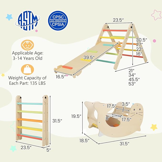 Costzon Climbing Toys for Toddlers, Foldable Montessori Wooden Arch Climber Ladder with Sliding Ramp, Play Table, Multi-Combination Methods, Kids Triangle Climber Play Gym Set for Boys Girls Present
