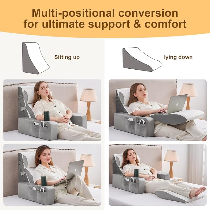 5pcs Reading Pillow for Adults Sitting in Bed – Back Pillow for Bed Sitting Up with Arms, Pockets & Cup Holder, Sit-Up Backrest Pillow for Beds & Chair Use, Beds Rest Pillows for Gaming, Watching TV
