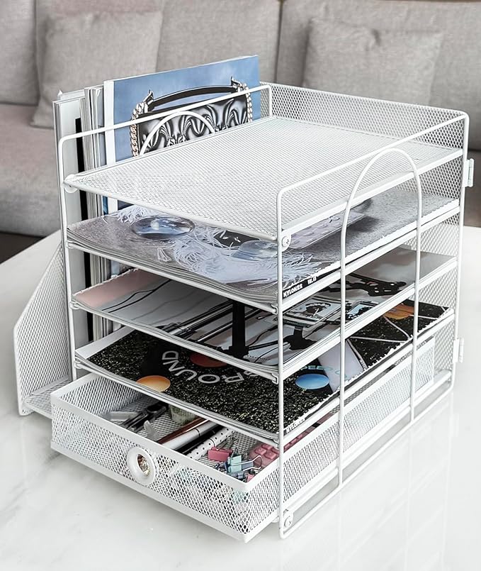 5-Tier Paper Letter Organizer with File Holder, Desk Organizer with Drawer, Mesh Desktop Storage with Magazine Holder for Office Supplies (White)