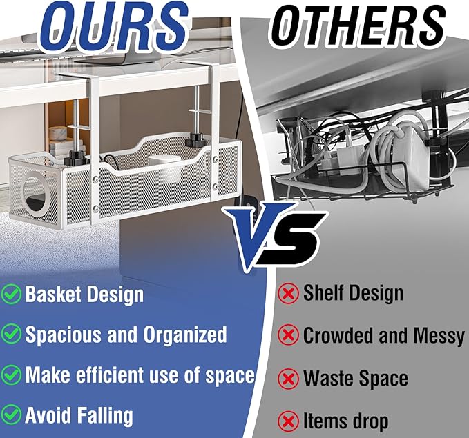 Under Desk Cable Management Tray - GZOKMOG No Drill Cord Organizer with Clamp, Workspace Organizers for Cords, Metal Mesh Wire Management for Home and Office, 1 Pack White, 13.38 inch
