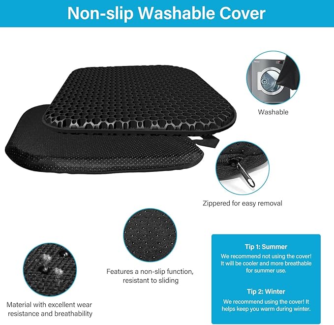 Gel Seat Cushion for Long Sitting With handle-Large & Thick & Soft & Breathable-Gel Cushion for Wheelchair, Gel Chair Cushion for Hip Pain, Gel Seat Cushion for Office Chair (Black, 18 x 17 inches)