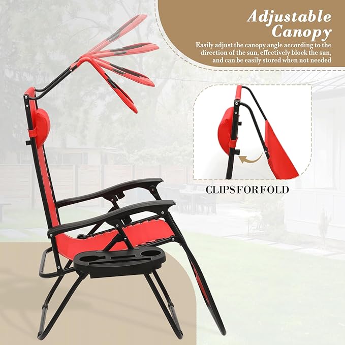 Athena Collection Zero Gravity Outdoor Lounge Chair Set of 2 with Canopy Shade, 25" Width Pool Lounge Lawn Chairs Reclining with Cup Holder, Outdoor Chaise for Beach Patio Outside, Red