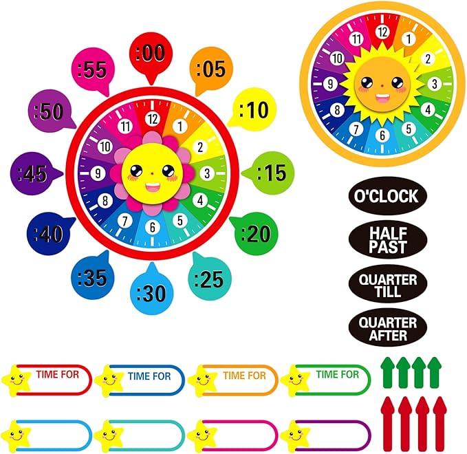 WhatSign Telling Time Bulletin Board Set Telling Time Teaching Clock for Kids 34Pcs Kids Clock Learning to Tell Time Clock Practice Cutout for Teacher Must Have Classroom Bulletin Board Decorations
