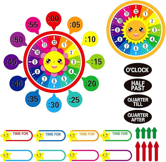 WhatSign Telling Time Bulletin Board Set Telling Time Teaching Clock for Kids 34Pcs Kids Clock Learning to Tell Time Clock Practice Cutout for Teacher Must Have Classroom Bulletin Board Decorations