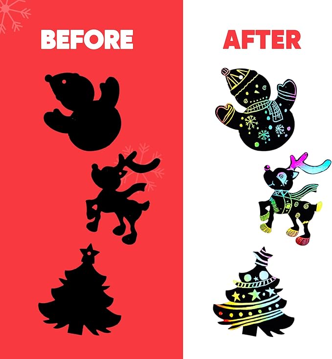 JOYIN 72 Pcs Christmas Scratch Art Ornaments, Rainbow Color Scratch Paper Craft Kit Include Snowman, Christmas Tree, and Reindeer, Scratch Off Hanging Ornament for Kids Party Favor