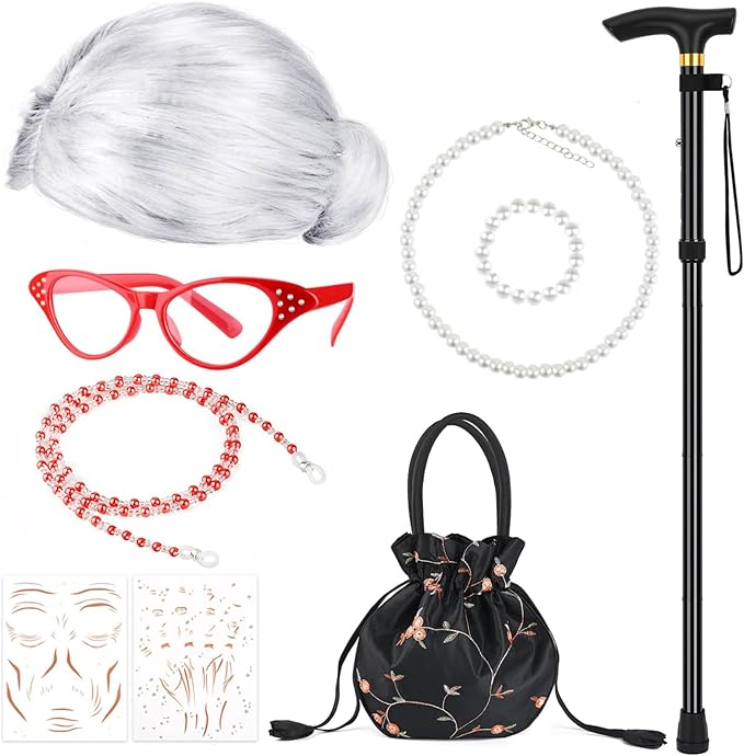 9 PCS 100 Days of School Old Lady Wig Set Include Wig Glasses Necklace Bracelet Glasses Chain Bag Cane and Stickers