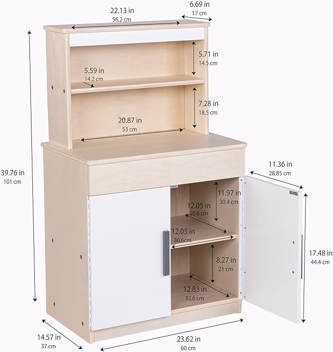 Children’s Factory Wooden Play Kitchen Hutch - Kids & Toddlers Pretend Fridge - Realistic Design & Feature - Pre-School Furniture for Classroom or Playroom- 24" W x 15" D x 44" H - Assembly Required
