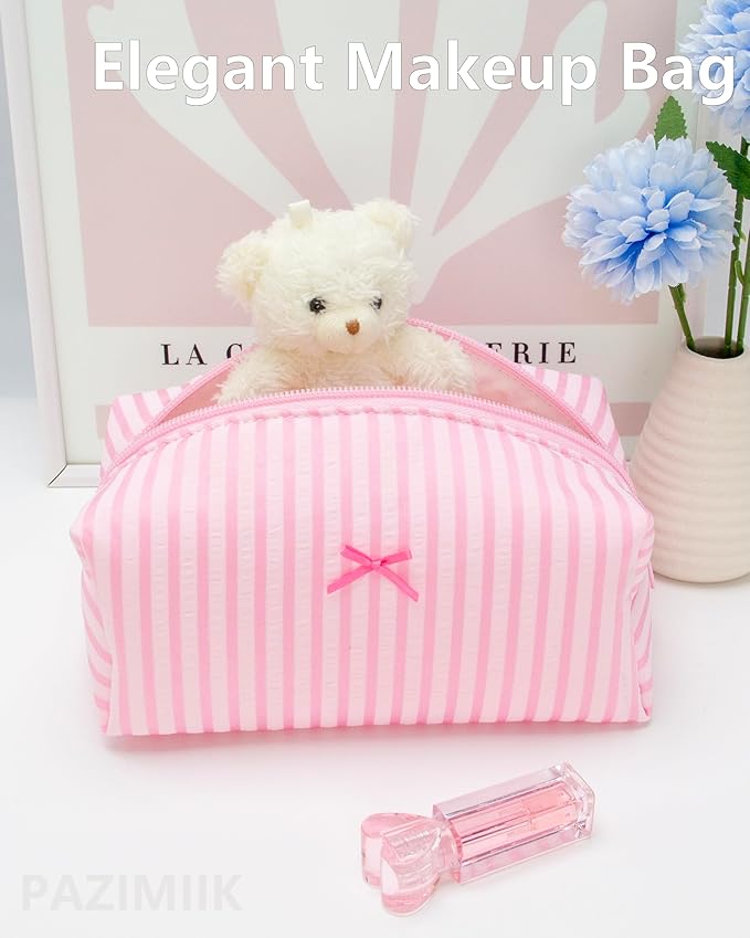 Cozy Makeup Bag Small Aesthetic Travel Zipper Cosmetic Pouch for Women Make Up Beauty Accessories Brushes, Stripe Cute Pink