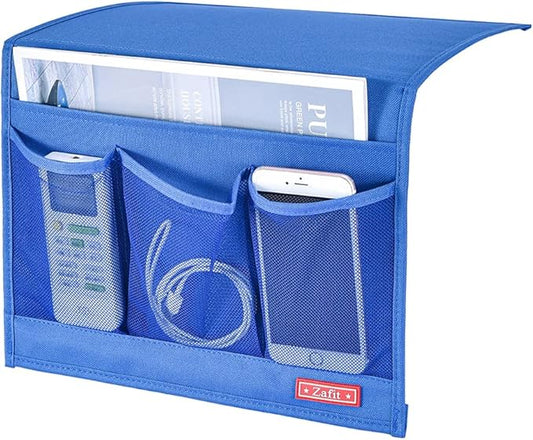 Bedside Storage Organizer - Table Cabinet Organizer Caddy for Remotes, Phone, Glasses (Classic 4 Pockets - Blue)
