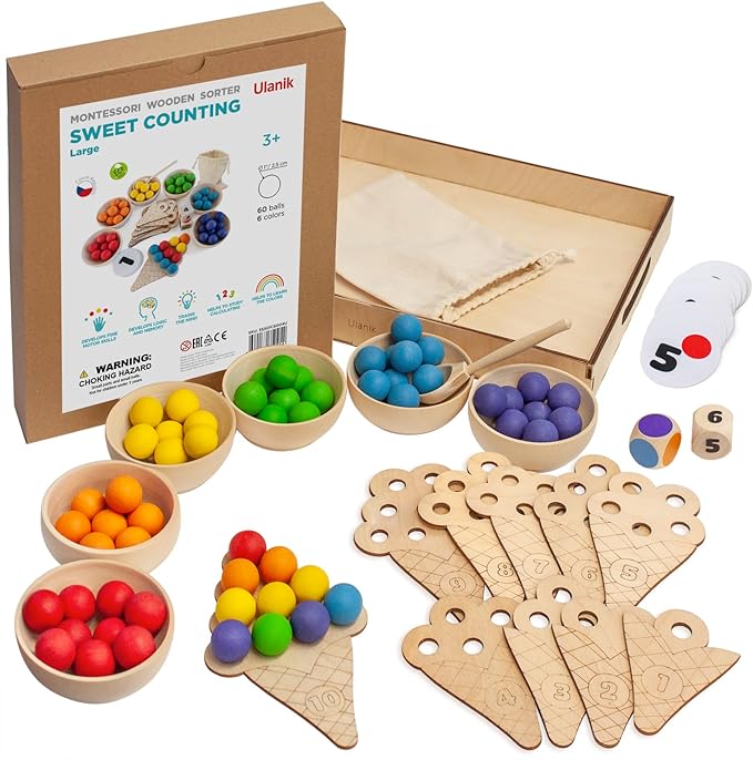 Ulanik Sweet Counting Large Toddler Montessori Toys for 3 Year Old + Kids Wooden Matching Game for Learning Color Sorting and Counting — 60 Balls, 0.98 in