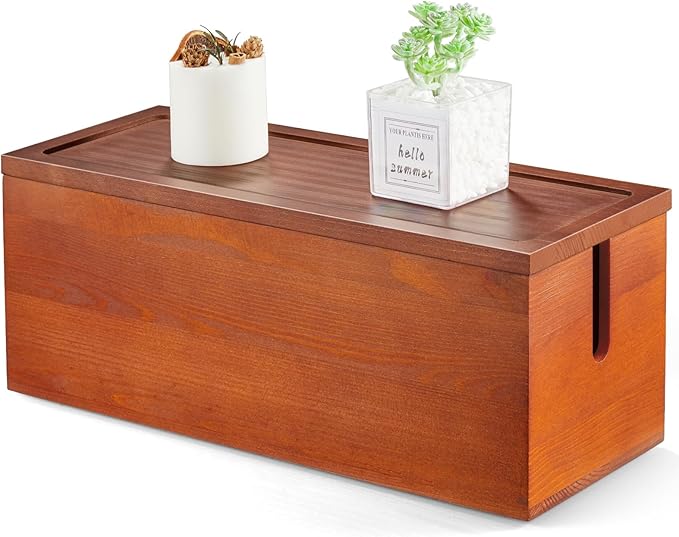 Large Cable Management Box, Wooden Cord Organizer Box for Desk, Floor, Office to Hide Extension Cords Power Stripes Surge Protectors Chargers Wires, Red Brown
