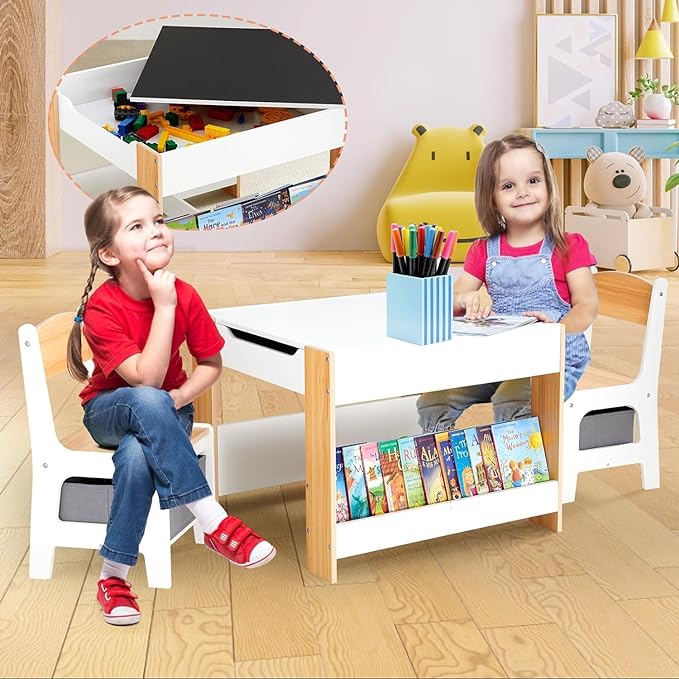 Asweets Kids Table and Chair Set,4 in 1 Toddler Desk with Storage Drawer,Wooden Activity Table for 2 in 1 Detachable Tabletop,Bookshelve,Suitable for Classroom,Home, Nursery, Playroom (Pure White)