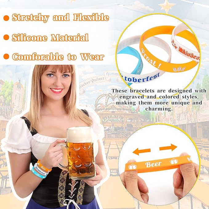 JUNEBRUSHS 42pcs Oktoberfest Party Favors Silicone Bracelets Rubber Wristbands Accessories for Beer Festival Oktoberfest Party Bavarian Style Decorations Supplies(6 Designs)