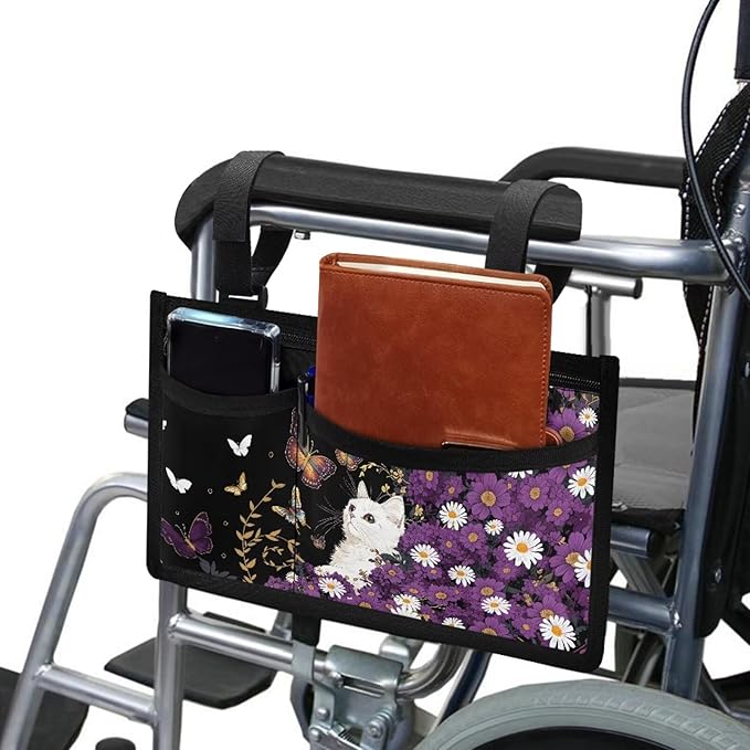 ZOUTAIRONG Purple Daisy Cat Butterfly Wheelchair Side Bag Walker Bag Wheelchair Accessories for Adults Waterproof Armrest Organizer Storage Pouches