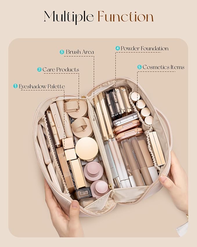 Vlando Makeup Bag,Large Capacity Travel Toiletry Bag,Cosmetic Bags for Women PU Leather Waterproof Portable Pouch with Divider & Handle-Apricot Pink