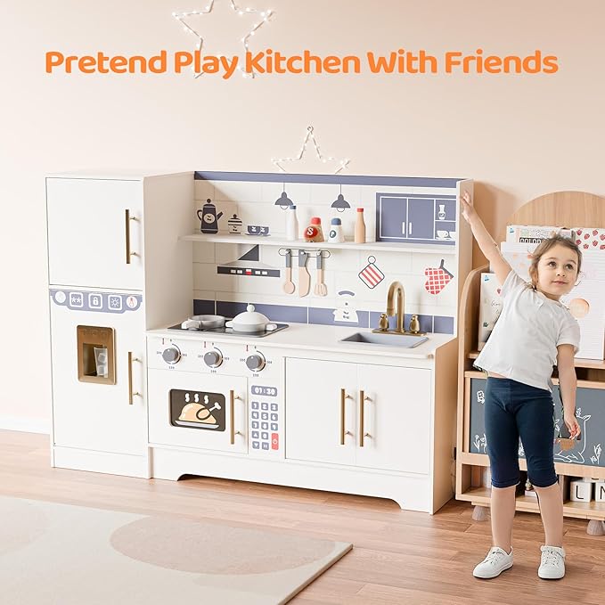JOYMOR Kids Wooden Play Kitchen Sets, New Modern Children's Wooden Toy Kitchen w/Refrigerators & Ample Play Kitchen Accessories, Ideal Pretend Playset Gift for Toddlers