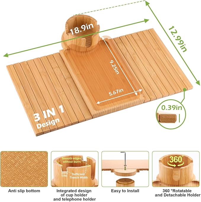 Couch Cup Holder - 3 in 1 Sofa Arm Tray with 360° Rotating Cup Holder & Phone Stand,Arm Chair Rest Table Fits Various of Large Width Couches Armrest,Anti-Slip Foldable Couch Tray for Drinks