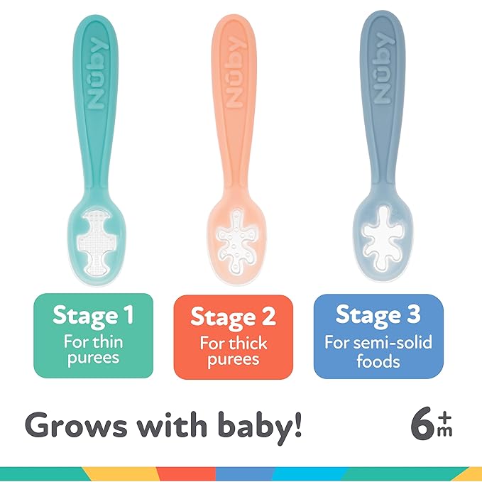 Nuby 3-Stage Baby's First Spoons Set - 3 Pack - 6+ Months - Baby Spoons with Easy Grip Handle - Pastels