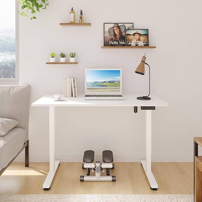 Veken 47.2 Inch Electric Standing Desk, Height Adjustable Sit Stand Up, Wood Desktop, Work Home Office Computer PC Desks, Gaming Writing Study Bedroom Rising Table, Tall Standup Workstation, White