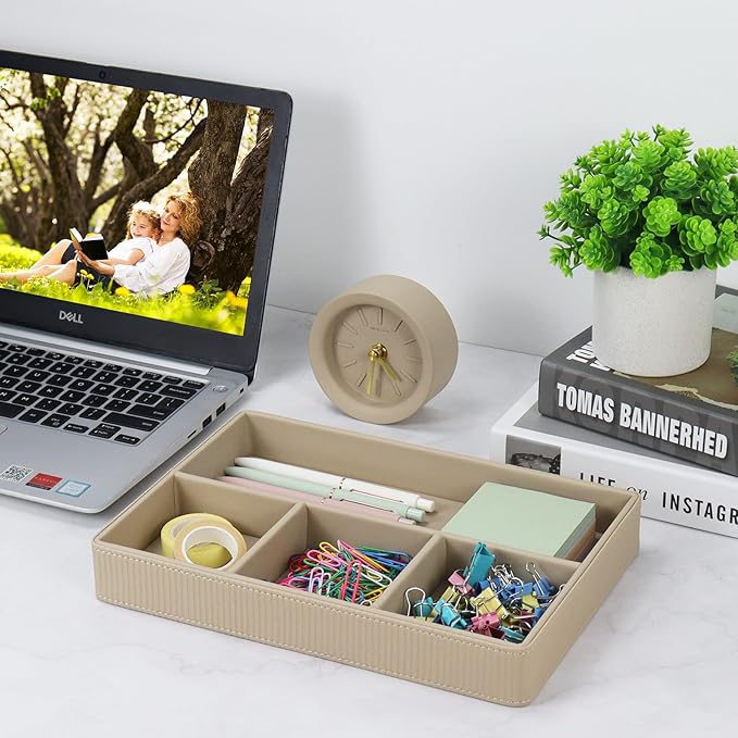 Buqoo PU Leather Valet Tray, Office Supplies Organizer, Stackable Desktop Organizer and Accessories Drawer Organizer for Storing Office Supplies, Jewelry, Cosmetics, Beige