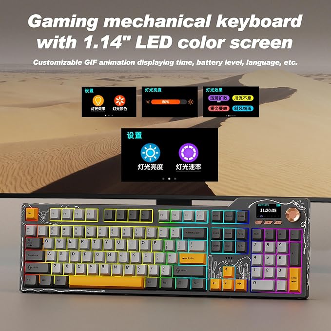 Ajazz AK35I V4 Customizable Wireless Gaming Mechanical Keyboard, Wired/Wireless 2.4G/BT, Gasket Structure, 10000mAh Battery, Full-Color RGB, 1.14-inch Color Screen, Knob, Multi-Function Keys.