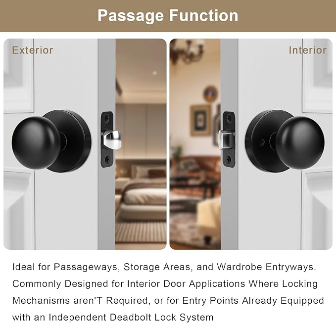 Passage Interior Door Knobs, Matte Black Door Knob for Hall and Kitchen, No-Locking Vintage Round Design Door Handle, Zinc Alloy 1 Pack